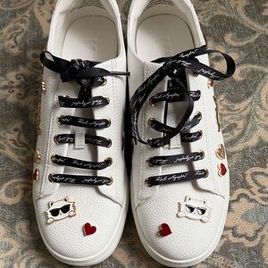 Karl Lagerfeld White Leather Sneakers with Cat & Heart Charms